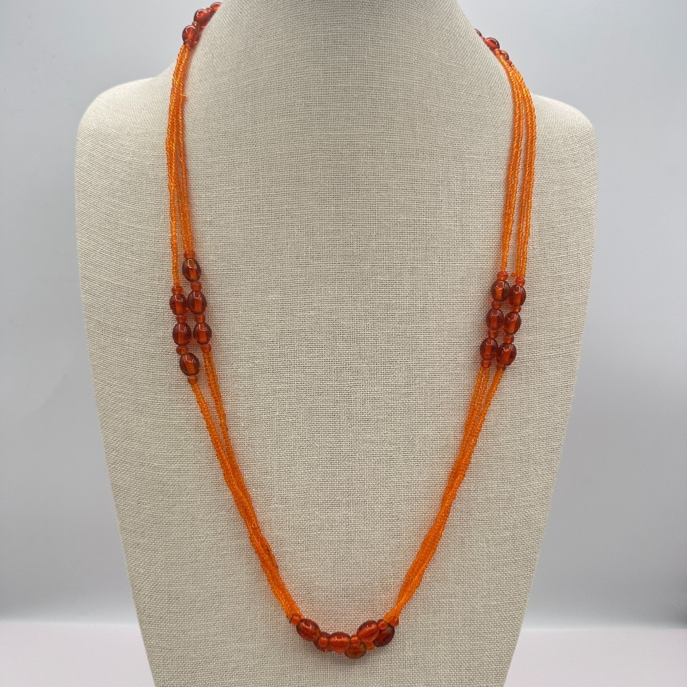 Vintage 90s Multi-Strand Orange Seed Beaded Necklace Statement Women's Jewelry